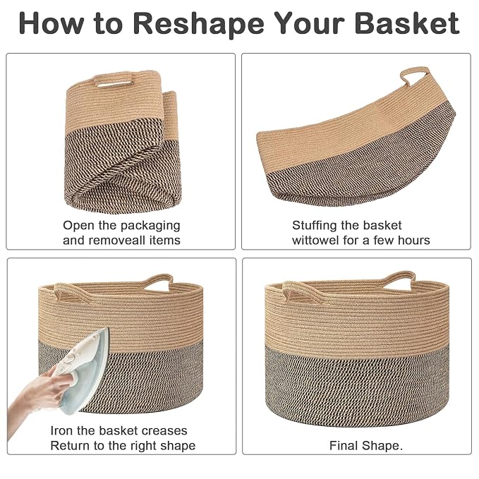 65L Large Blanket Basket,Woven Rope Laundry Basket Hamper with Handles,Decorative Nursery Basket Storage Bin for Toys, Pillows , Clothes Organizer, Living Room, Bedroom, Bathroom, Light Gry