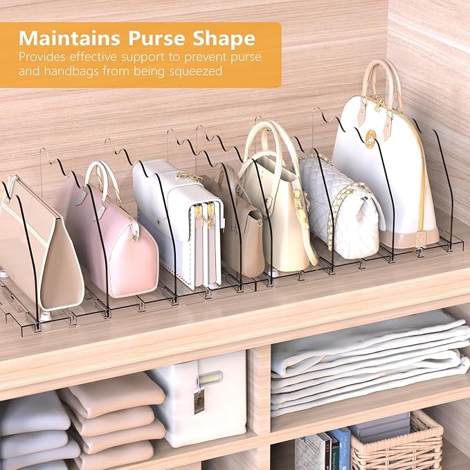 Ronlap Purse Storage Organizer for Closet Clear Shelf Dividers Rack, 4 Pack | Clear separators keep handbags, totes, clutches & purses upright & visible on shelves for closet storage and organization