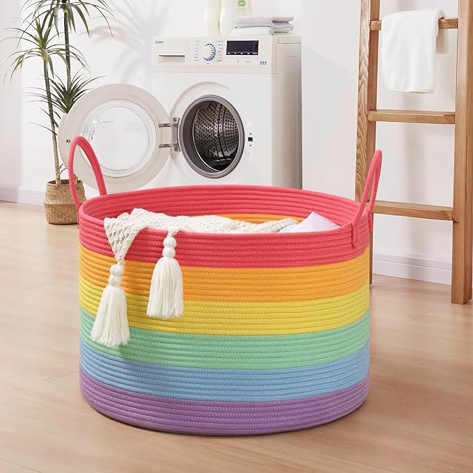 67L Large Rainbow Blanket Basket, Cotton Rope Baby Laundry Hamper with Handles, Kids Toy Basket for Classroom & Nursery, Soft Round Stuffed Animal Storage, Dog Toy Bin - 20"x13", Rainbow