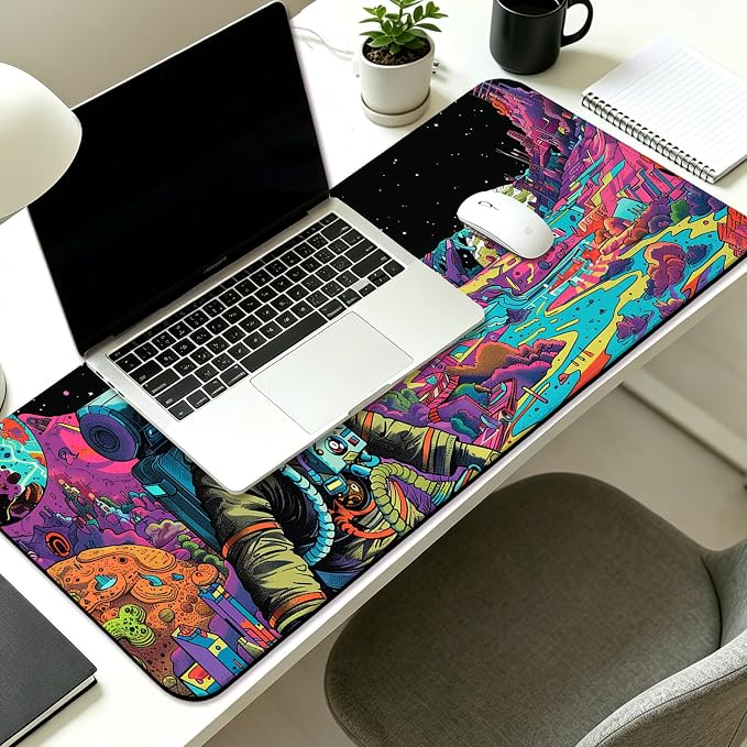 Fantasy Planet Space Gaming Desk Mat, Computer Keyboard Large Extended Astronaut Mouse Pad for Office and Home, 31.5×11.8 Inches, XL