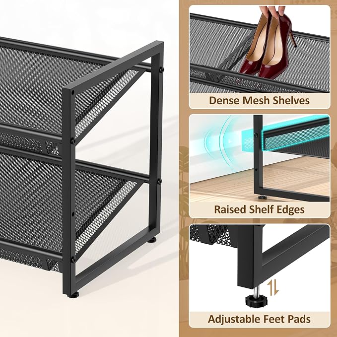 Expandable Shoe Rack, 2 Tier Adjustable Shoe Organizer with Flat & Slant Dual Use Design, Space Saving Shoes Stand for Closet & Entryway, Sturdy Dense Metal Grid Shoe Holder for High Heels, Sneakers