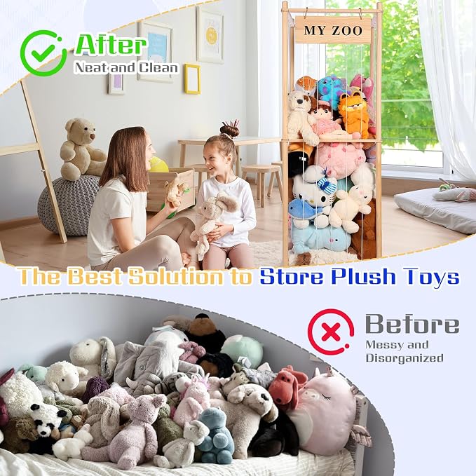 GLDZI Stuffed Animal Storage Zoo, Wooden Stuffed Animal Organizer with Elastic Cords for Boys Girls, Space Saving Toy Plushies Storage Holder for Playroom, Bedroom, Living Room (Burlywood, Large)