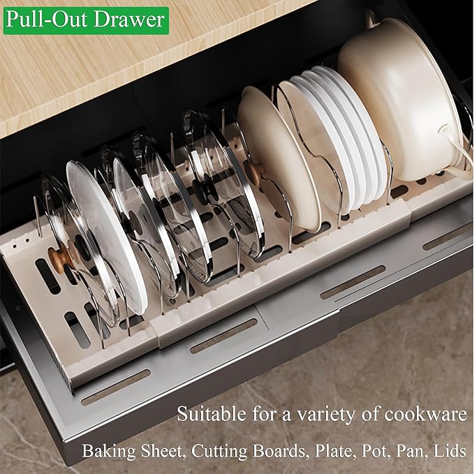 Pots and Pans Organizer Under Cabinet 10 Adjustable Dividers Expandable Pot Pan Lid Holder Organizers Rack inside Cabinet for Kitchen Storage Cookware, Cutting Boards, Lid, Dishes,White