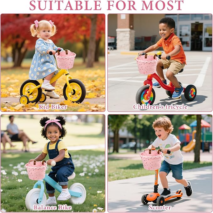 Kids Bike Basket for Girls, Front Bicycle Basket, Easy-Install Adjustable Straps for Balance Bikes Scooters