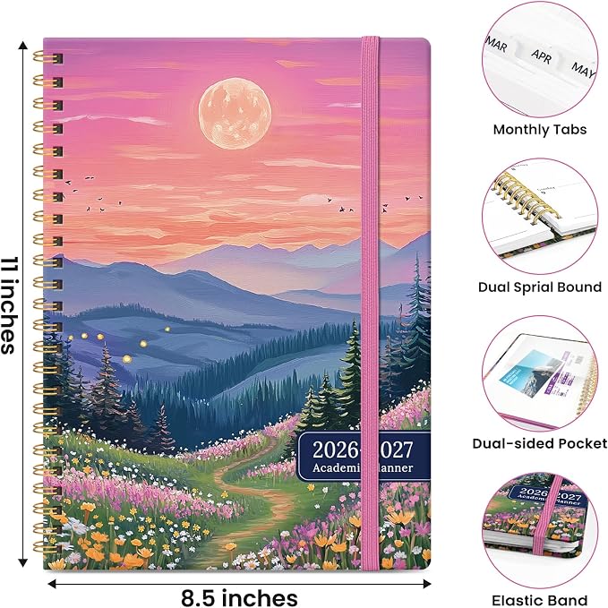 Planner 2026-2027, Hardcover Monthly and Weekly Academic Planner July 2026 - June 2027, Teacher and Student Calendar Agenda Book with Tabs, A4 (8.5" x 11"), Ideal for School and Office, Dreamscape Hills