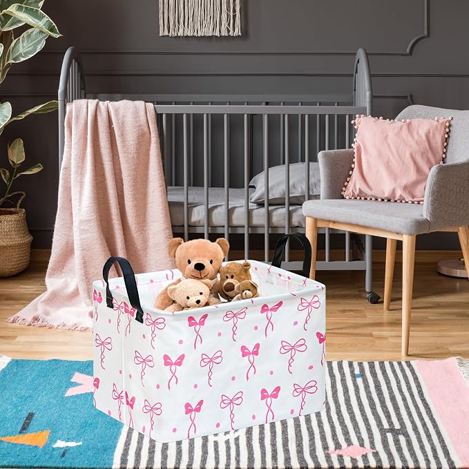 Storage Bin for Shelves Rectangle Closet Baskets Foldable Box with Handles, Pink Bowknot Storage Basket, Storage Boxes for Home Office Car Dormroom