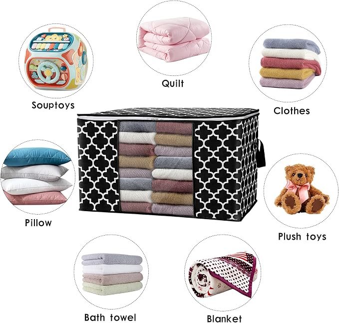 WISELIFE Storage Bags 100L 4-Pack Large Blanket Clothes Organization and Storage Containers for Bedding, Comforters, Foldable Organizer with Reinforced Handle, Clear Window, Sturdy Zippers, Black
