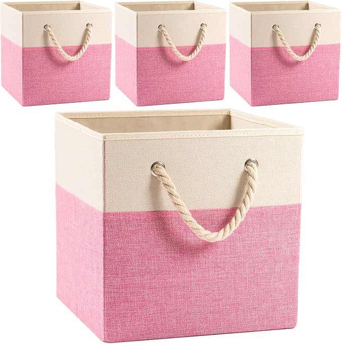 PRANDOM Large Foldable Cube Storage Bins 11x11 inch [4-Pack] Fabric Linen Storage Baskets Cubes Drawer with Cotton Handles Organizer for Shelves Nursery Closet Bedroom Pink