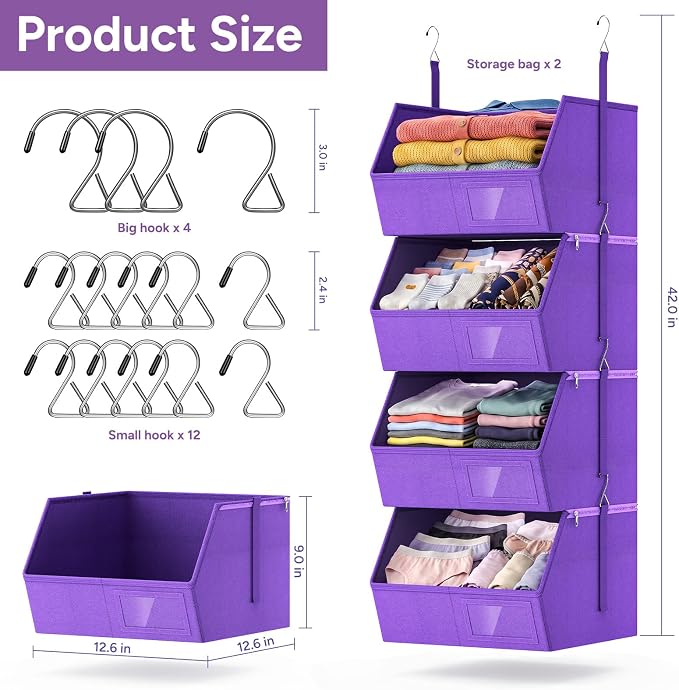 2 Pack 4-Tier Hanging Closet Organizer, Detachable Hanging Storage Shelves with Reinforced Side Panels, Hanging Closet Organizer for Clothes, Sweaters, Towels, Socks & Accessories, Purple