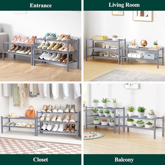 Smiry Bamboo Shoe Rack for Closet, 4 Tier Small Wooden Shoe Organizer, Stackable Wood Shoe Storage Shelf for Entryway, 14 Vertical Slats, 2+2 Stack Heavy-Duty Legs, 17.32"x11.02"x25.98", Grey