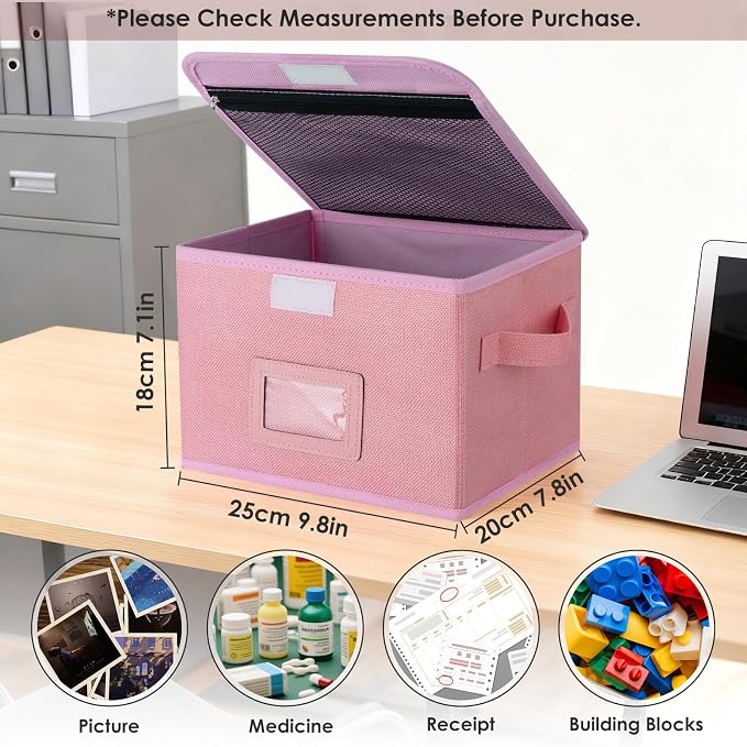 Small Storage Box, Storage Basket with Lid, Foldable Cotton Linen Fabric Keepsake Box, Organizer Container with Zipper for Decorative, Medicine, Greeting Card Organizer. (Pink, 1 Pack)