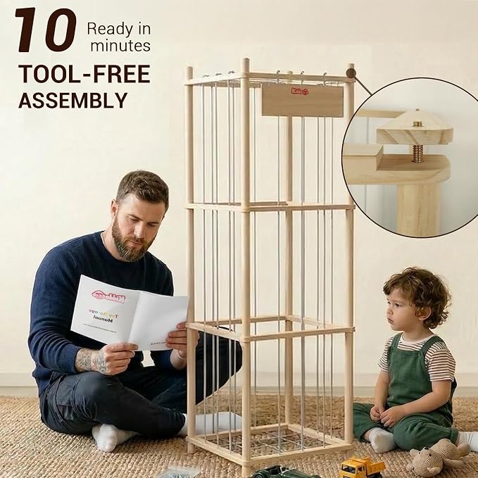 KiddoCood Kids CPC & TIC Certified Stuffed Animal Storage - 3-Tier Large Natural Solid Wood Plush Toy Organizer & Holder, Corner Solution for Playroom & Nursery, BPA-Free & Zero Glue, 52.3" H