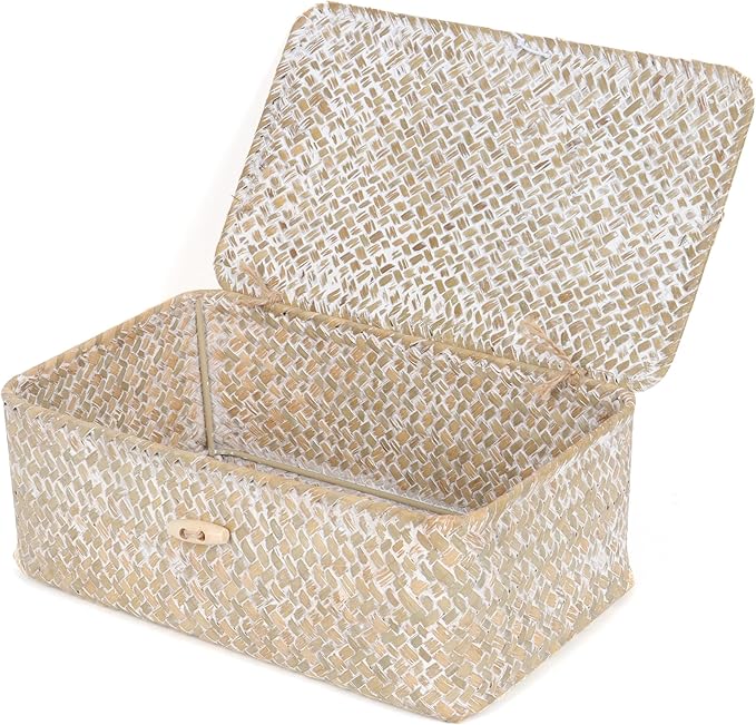 FEIALNDUO Wicker Shelf Baskets with Lid,Seagrass Storage Basket Bins Rectangular Handwoven Basket Boxes for Shelves Desktop Home Organizer (Whitewash, Small)