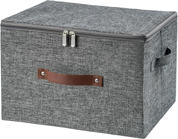 Storage Bins with Zipper Lid Foldable Fabric Lidded Storage Boxes Baskets Cubes Washable Collapsible PU Leather Handle Cotton Linen Fabric Shelf Closet Organizer Container(Gray, Large Size)
