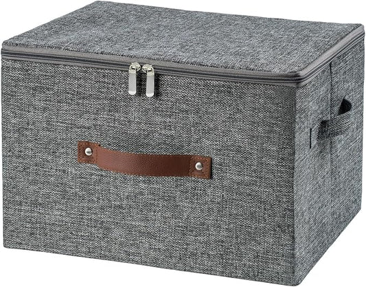 Storage Bins with Zipper Lid Foldable Fabric Lidded Storage Boxes Baskets Cubes Washable Collapsible PU Leather Handle Cotton Linen Fabric Shelf Closet Organizer Container(Gray, Large Size)