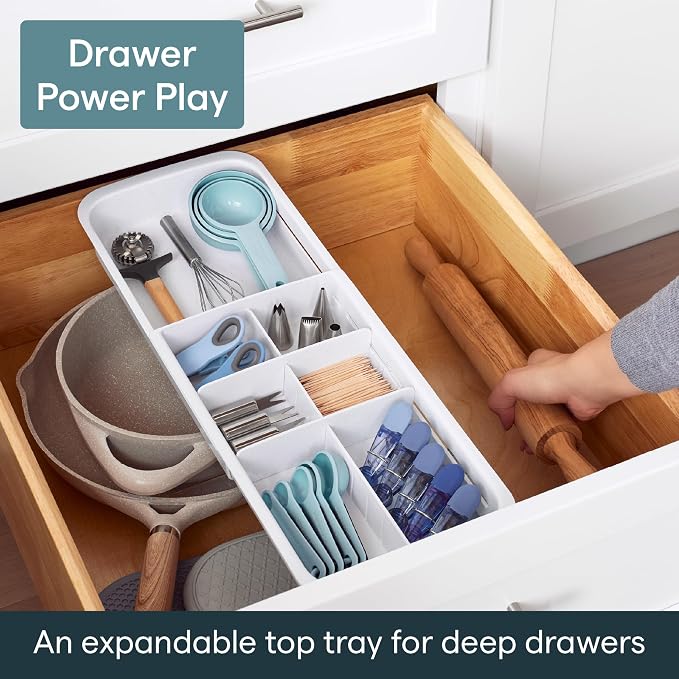 YouCopia DrawerFit Sliding Drawer Tray with Adjustable Dividers, Expandable Kitchen Storage Organizer, Speckled White
