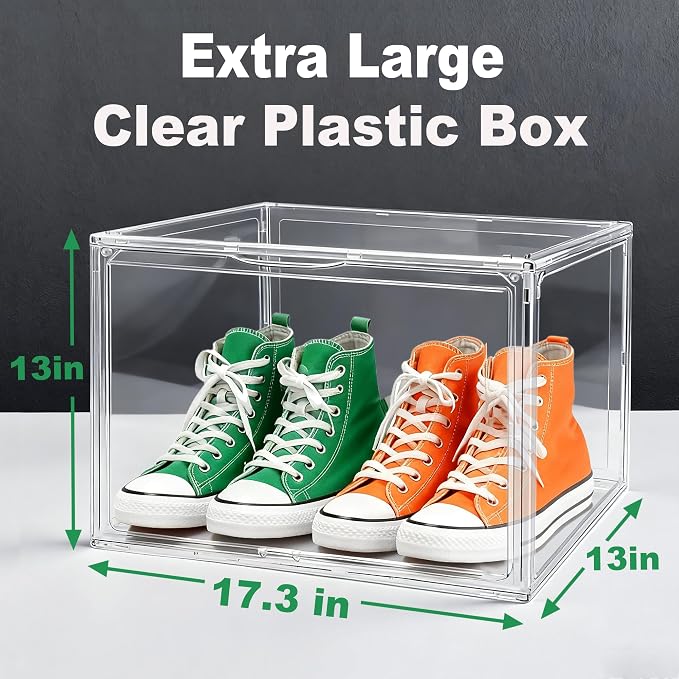 3 Pack XXX-Large Tall Boot Storage Organizer 17.3x13x13, Acrylic Display Case Shoe Boxes Extra Large Helmet Showcase Clear Stackable Hangbag Tote Bag with Magnetic Lid, 3 Pack Boxes with 2 Shoe Bags