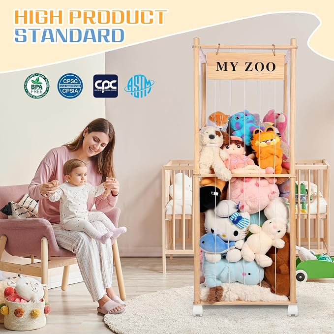 GLDZI Stuffed Animal Storage Zoo with Wheels, Wooden Stuffed Animal Organizer with Elastic Cords, Space Saving Toy Plushies Storage Holder for Playroom, Bedroom, Living Room(Burlywood, Large)