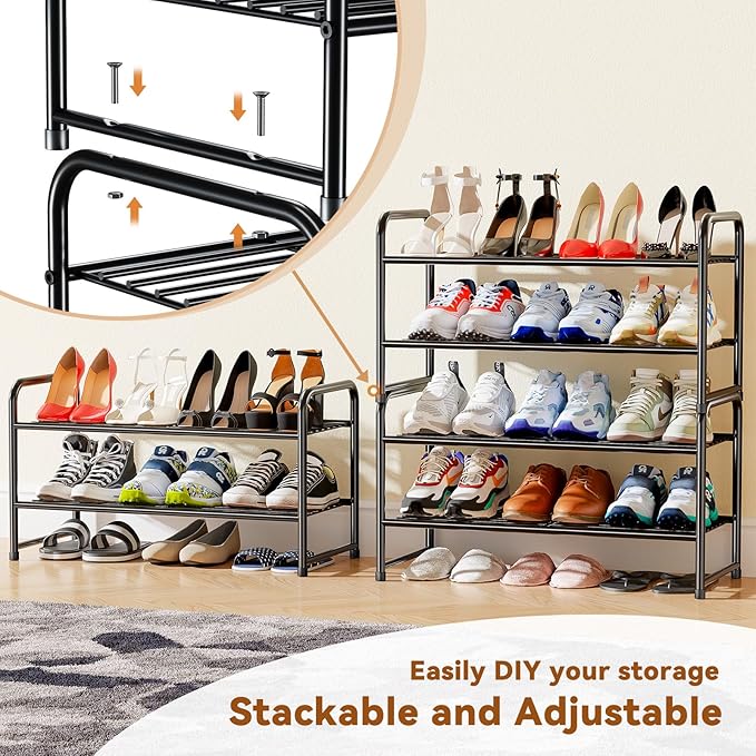 Simple Shoe Rack 2 Tier 27 Inch Wide, Heavy Duty Metal Closet Shoe Organizer Shelf for Entryway, Front Door, Black