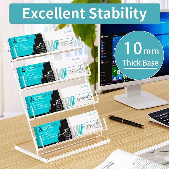HIIMIEI Business Card Holder Desk, Acrylic Business Card Display, 4 Tier Clear Business Card Stand for Office, Exhibition, Meeting, Home, 480 Card Capacity