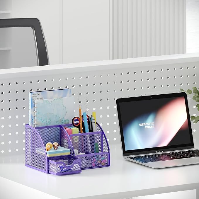 EasyPAG Mesh Desk Organizer with Drawer Multi-functional Pen Holder Stationery Organizer for Office School Supplies 6 Compartments Dorm Organizers and Storage for Desk, Purple