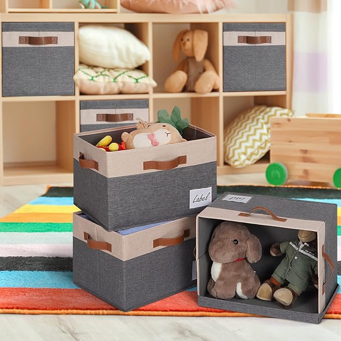 GhvyenntteS Fabric Storage Bins with Lids 3 Pack, Large Fabric Storage Baskets with Lid and Handles, Foldable Closet Organizers and Storage boxes with Label Window for Home (Beige, 15" x 11" x 9.7")
