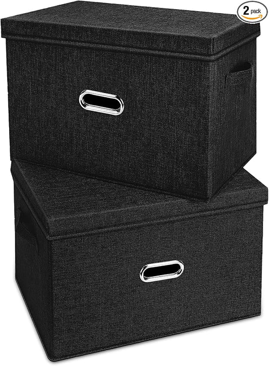 Large Linen Fabric Foldable Storage Bins with Removable Lid and Handles, Washable Storage Box Organizer Containers Baskets Cube with Cover for Bedroom,Office(Black, Small(2-Pack))