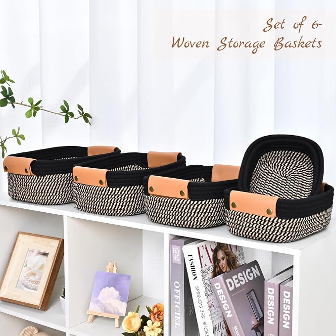 Storage Baskets for Organizing, Small Woven Basket Set of 6-4 Shelf Basket with Leather Handle and 2 Small Gift Baskets, Cotton Rope Basket for Shelves, Nursery, Dog Toy, Bathroom
