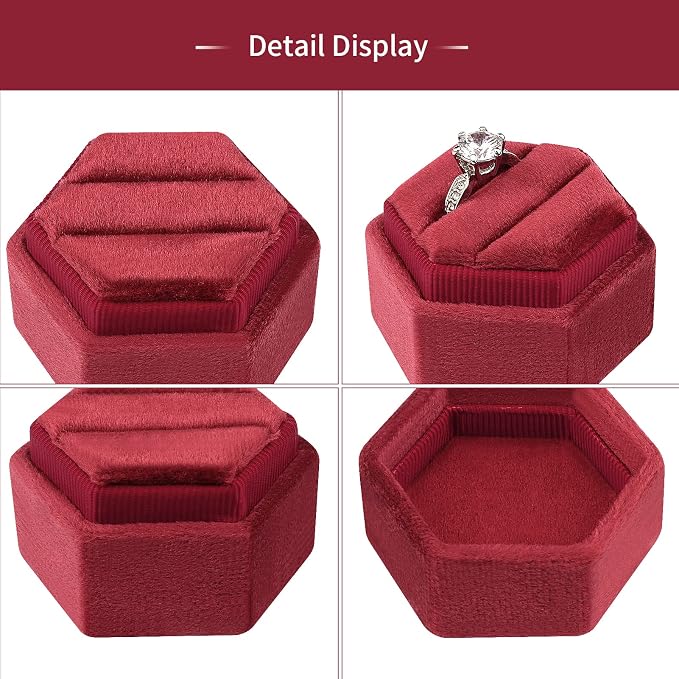 DesignSter Hexagon Velvet Ring Box - Premium Gorgeous Vintage Double Ring Display Holder with Detachable Lid for Proposal, Engagement, Wedding, Ceremony(Deep red)