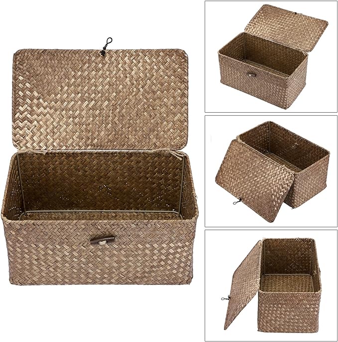 Hipiwe Wicker Shelf Baskets Bin with Lid, Handwoven Seagrass Basket Storage Bins Rectangular Household Basket Boxes for Shelf Wardrobe Home Organizer, Coffee Medium