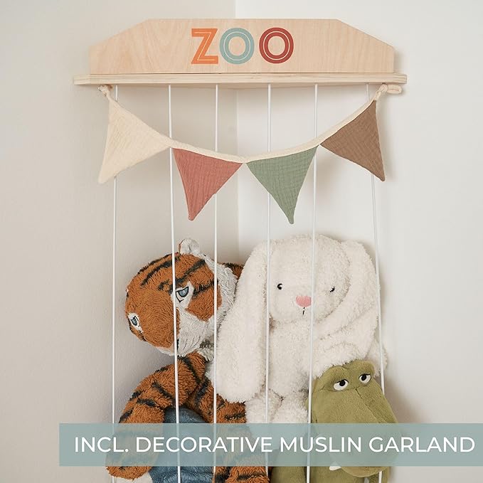Stuffed Animal Storage Zoo with Decorative Muslin Garland - Cute Wooden Toy Storage Organizer for Kids Playroom or Nursery - Clever and Easy to Assemble Corner Wall Holder Maximizes Small Spaces
