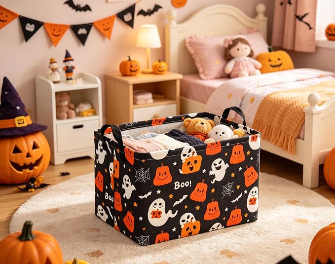 Halloween Basket Cute Baskets for Kids Pumpkin Basket Rectangular Storage Bin Organizer Box Room Decor(Black Pumpkin Ghost)