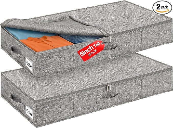 5 Inch High Under Bed Storage Containers 2-Pack, Low Profile Underbed Storage Bins with Rigid Structure, Clear Window & Handles, Foldable Organizer for Clothes, Blankets, Shoes, Bedroom & Dorm, Gray