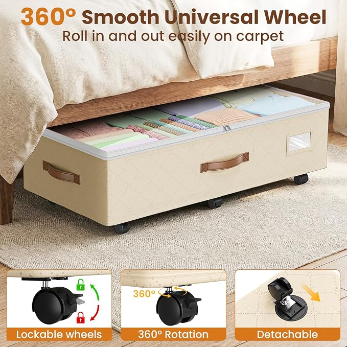 Budding Joy Under Bed Storage with Wheels 2Pack, 80L- Height Adjustable Underbed Containers with Clear Lids, Rolling Under Bed Shoe Storage Organizer for Dorm Home Clothes, Blankets, Toys, Beige