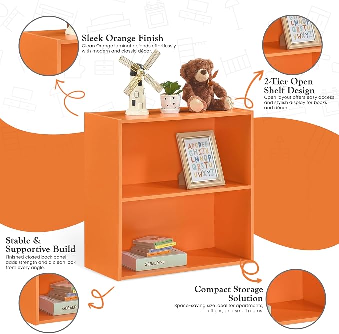 KB Designs - Tony 2-Tier Modern Bookcase with Open Storage Shelves for Kids’ Rooms, Playrooms, or Home Offices – Compact Colorful Bookshelf Organizer