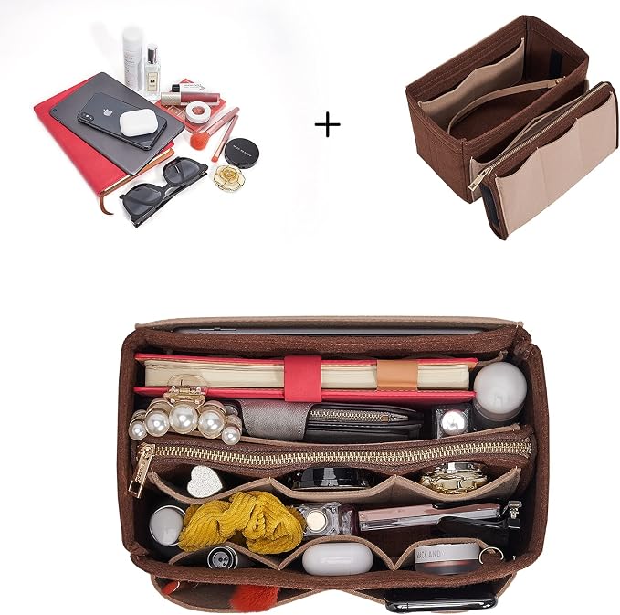 Vercord Felt Organizer Insert For Purse Handbag Tote Bag In Bag Inside Shaper Divider Neo Coffee & Beige Medium