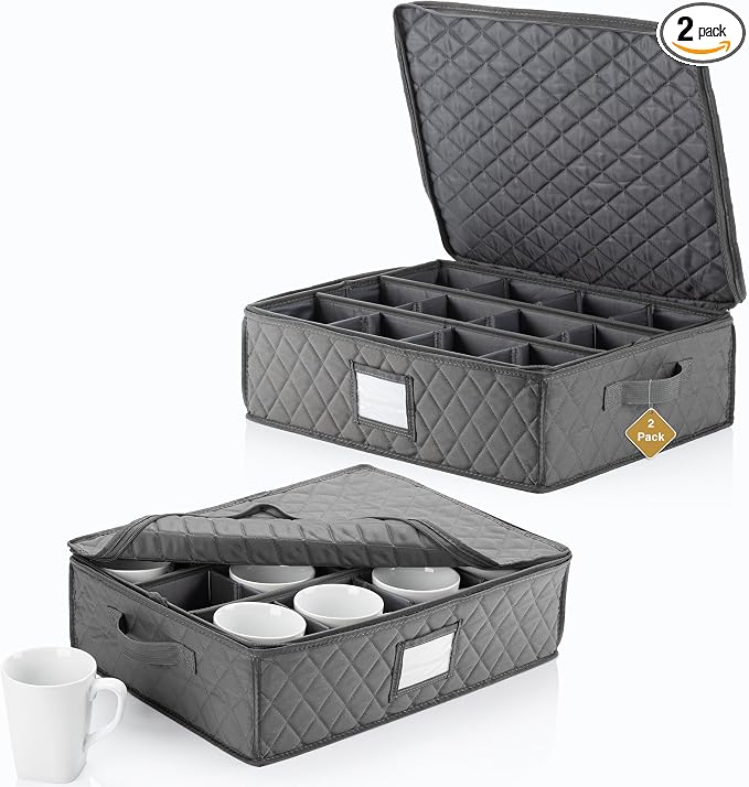 2 Pack - China Cup Storage Chests Hold 24 Coffee Cups or Mugs – Stackable Glassware Organizer with Customizable Dividers and Inner Case for Extra Protection – Gray