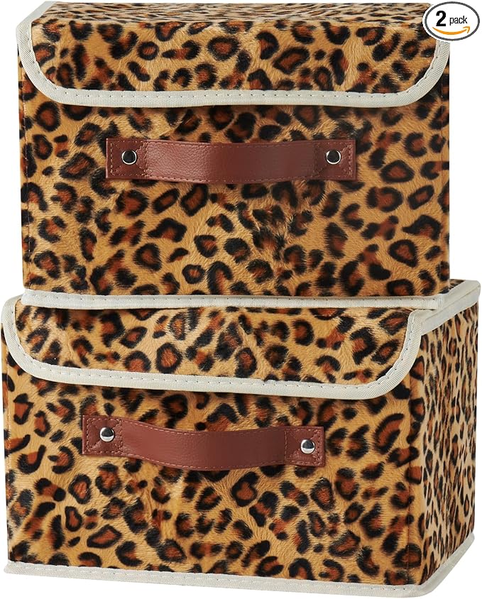 2PCS Storage Bin with Lid Leopard Print Cute Velvet Fabric Storage Basket Box Faux Leather Handles PP Plastic Board Foldable Washable Lidded Closet Shelf Organizer Container (Small Size)