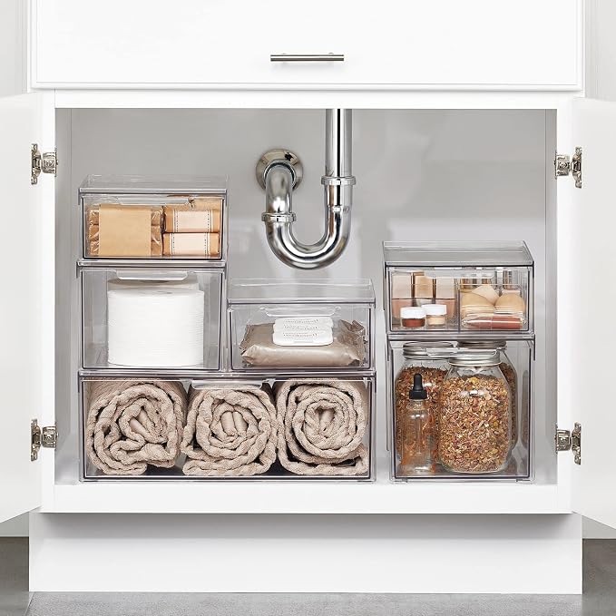 mDesign Plastic Stackable Bathroom Storage Organizer Bin with Pull Out Drawer for Cabinet, Vanity, Shelf, Cupboard, Cabinet, or Closet Organization - Lumiere Collection - 4 Pack - Clear