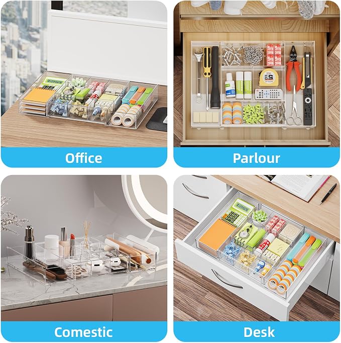 Marbrasse Expandable Desk Drawer Organizer, Clear Plastic Drawer Organizer Tray with 10 Adjustable Compartments, Desk Organizers and Accessories, 5 Drawer Dividers for Office Supplies, Makeup(Clear)