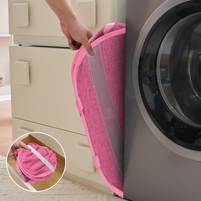 Collapsible Laundry Baskets, Foldable Tear Proof Pop Up Hamper with Reinforced Carry Handles, Durable Laundry Hamper for Home, Laundry, Bathroom, Dorm or Travel (Pink)