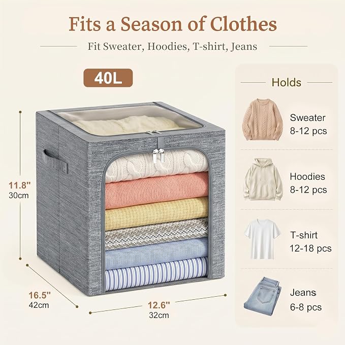 GoMaihe Clothes Storage Bin with Metal Frame: 6-Pack Stackable Closet Storage Bin with Lid & Clear Window, Sweater Boxes Storage for Closet Bedding Clothing Storage Organizer 40L