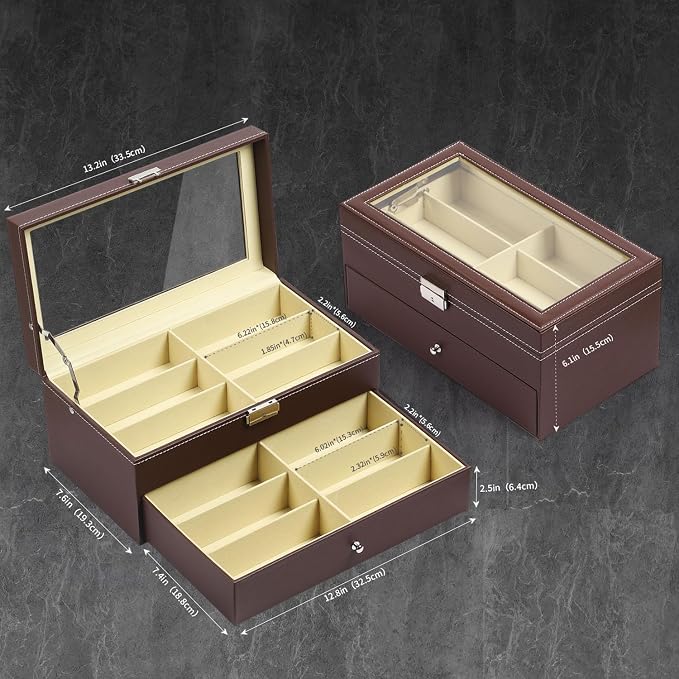 AUTOARK Leather Eyeglasses Storage Case Organizer,12 Piece,Brown,AW-129 | Sunglass Display,Drawer Lockable