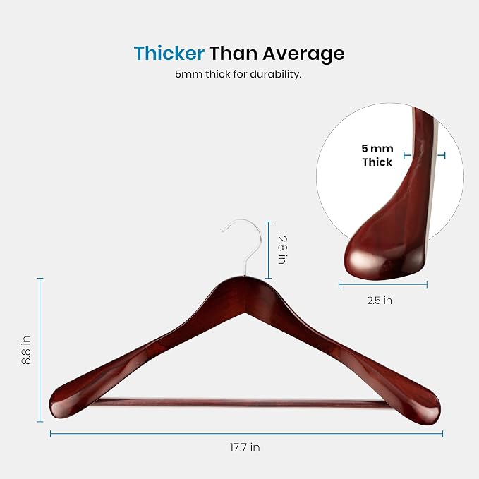 ZOBER 6 Pack High-Grade Wooden Suit Hangers for Men, Wide Shoulder Hangers with Non Slip Pants Bar, Smooth Finish, Holds Upto 20lbs, 360° Swivel Hook, Jacket Hanger, Heavy Duty Wide Hanger for Closet