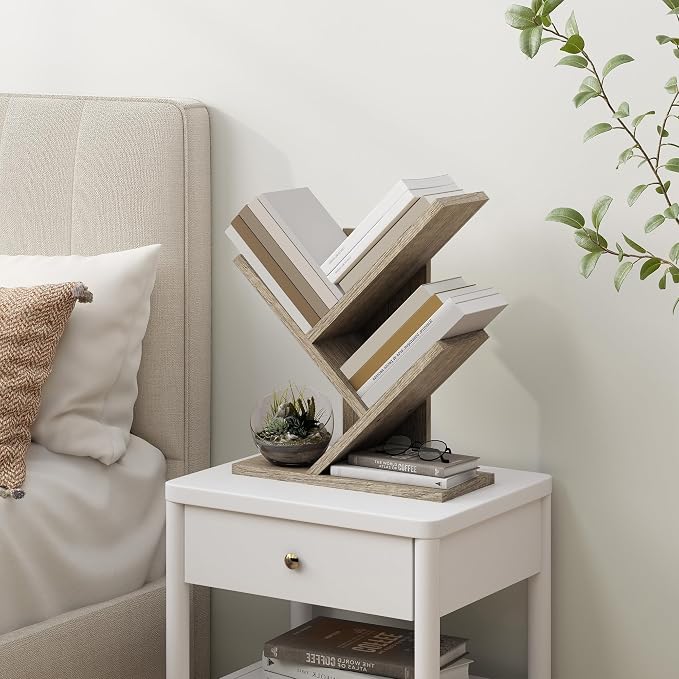 Tajsoon 3 Tier Tree Bookshelf, Small Bookshelf, Desktop Bookshelf Floor Standing Bookcase Display for CDs/Magazine/Books, Book Organizer Shelves for Bedroom, Living Room, Office, Greige