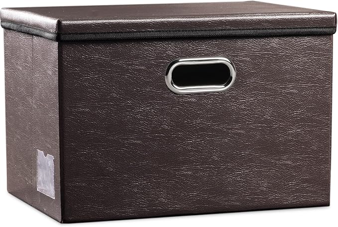 PRANDOM Large Collapsible Storage Bin with Lid [1-Pack] Leather Fabric Foldable Storage Box Organizer Containes Basket Cube with Cover for Home Bedroom Closet Office Nursery Brown (17.7x11.8x11.8)