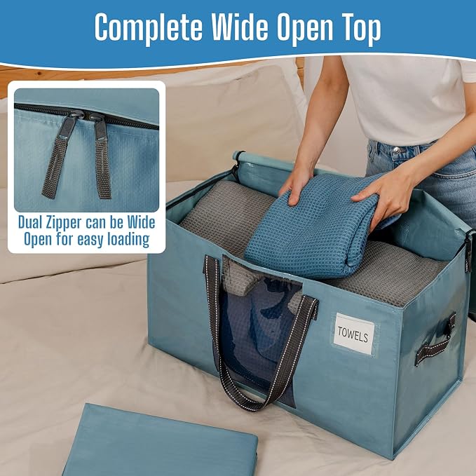 VENO 4 Pack Heavy Duty Moving Bags, Clothes and Comforter Storage Bags with Clear Window, College Dorm Essentials Packing Supplies, Foldable Boxes Alternative (Shiny Light Blue, 4 Pack)