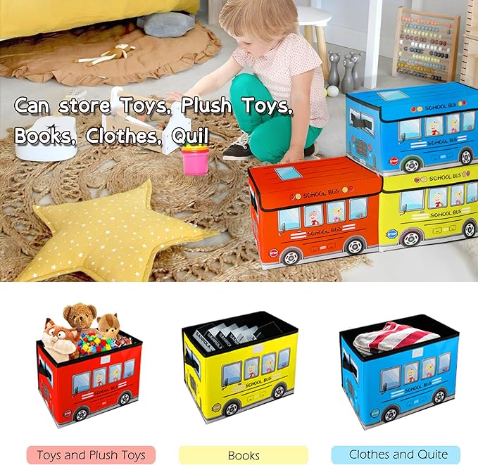Kids Toy Chest,Collapsible Storage Cubes Organizer with Handles, Kids Toy Bin with Lids, School Bus Pattern Toy Storage Organizer for Playroom, Closet, Living Room, Kids Birthday Gifts,3 Packs