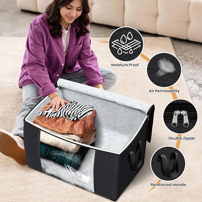 Fab totes 24 Gallons Clothes Storage, Foldable Thick Fabric Blanket Storage Bags, Containers for Organizing Bedroom, Closet, Clothing, Comforter, Organization with Handle (8 Pack,Black)
