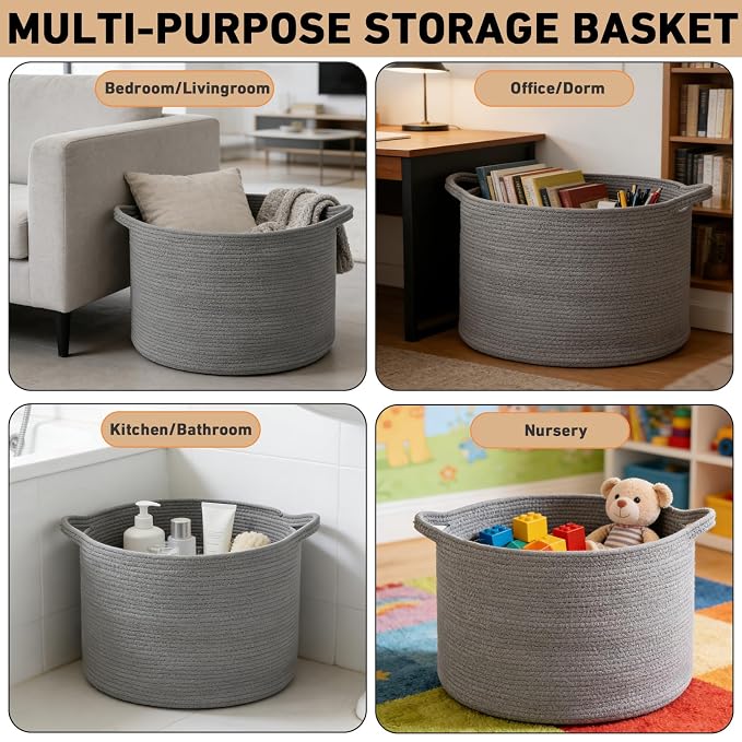 115L Extra Large Blanket Basket,Woven Rope Laundry Basket Hamper with Handles, Decorative Nursery Basket Storage Bin for Toys, Clothes Organizer, Living Room, Bedroom, Bathroom, Dark Gry